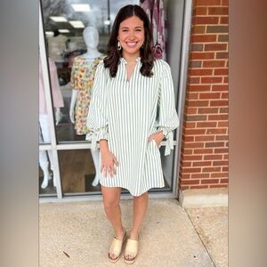 Entro Green Striped V-Neck Shift Dress